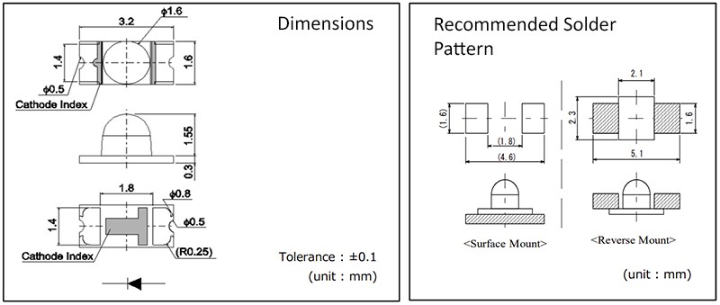Mechanical Drawing - ROHM Semiconductor SMLS1 Mono-Color Standard Chip LEDs